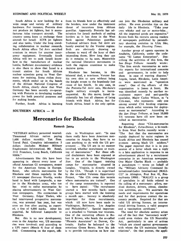 American Mercenaries in Rhodesia | PDF | Rhodesia | Mercenary
