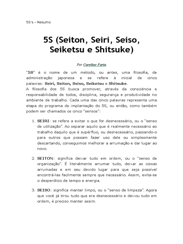 5S (Seiton, Seiri, Seiso, Seiketsu e Shitsuke) | PDF | Carreira e ...