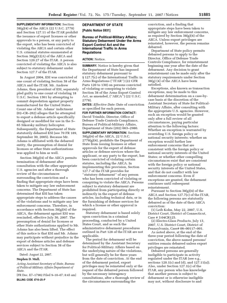 Notice Arms Export Control Act Kohn, Leib, Et Al. Section 38