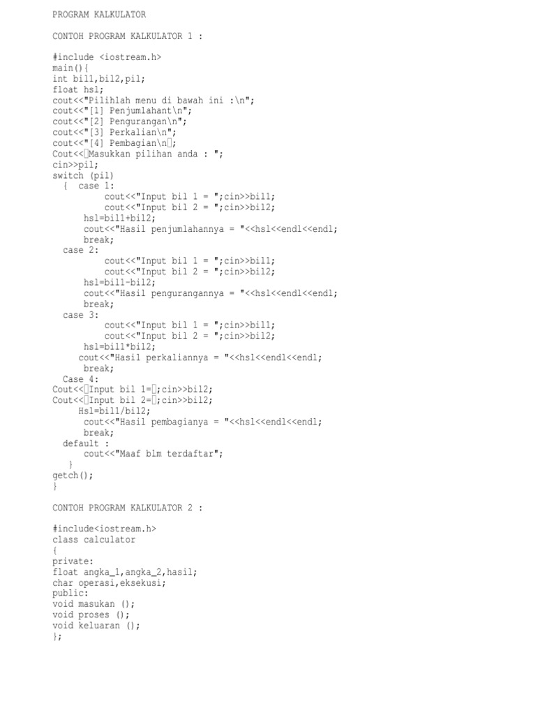 Contoh Program Kalkulator C++ | PDF