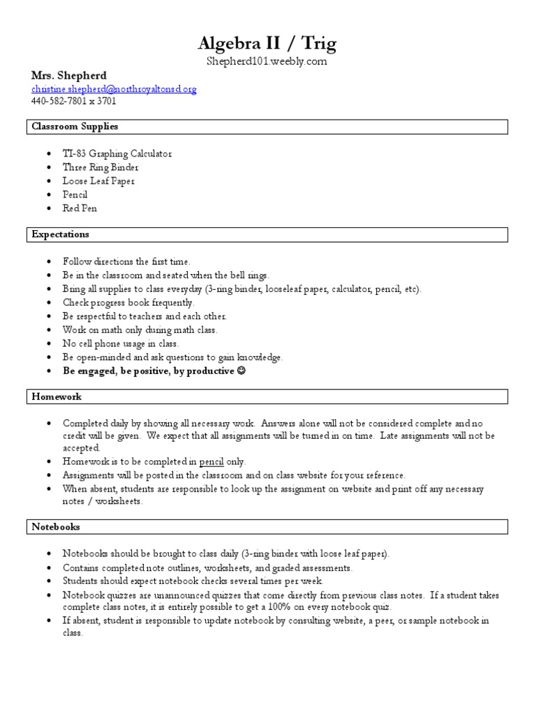 Algebra II Trig Syllabus PDF Homework Education Theory