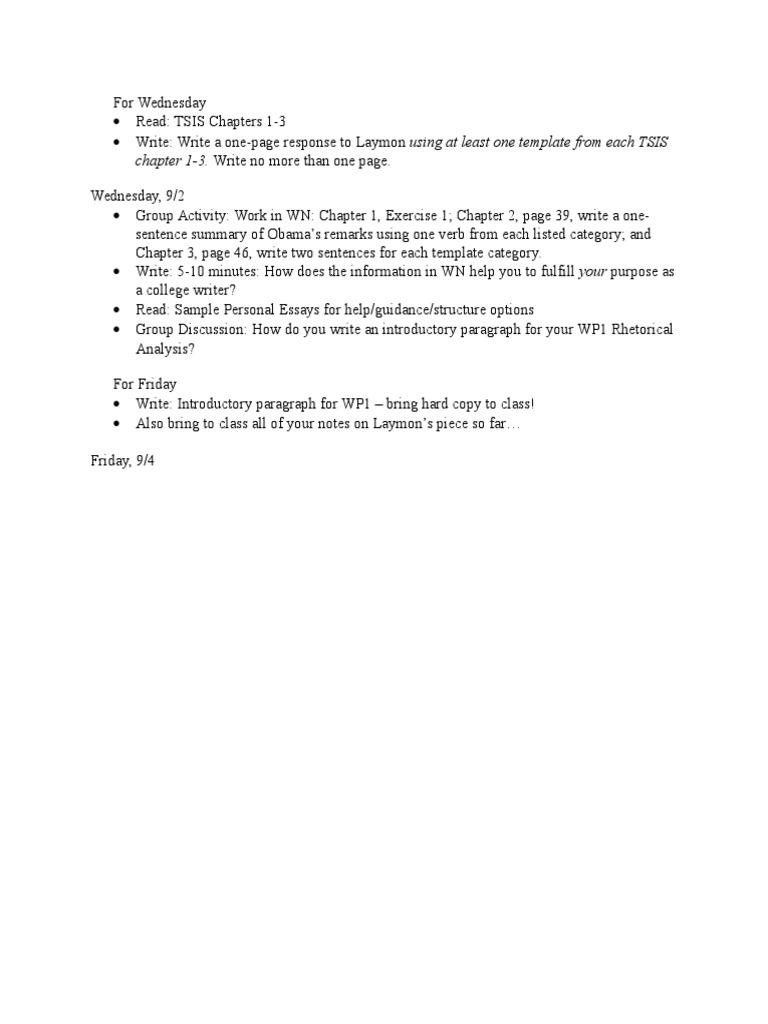 Wednesday Writing and Reading Assignments | PDF