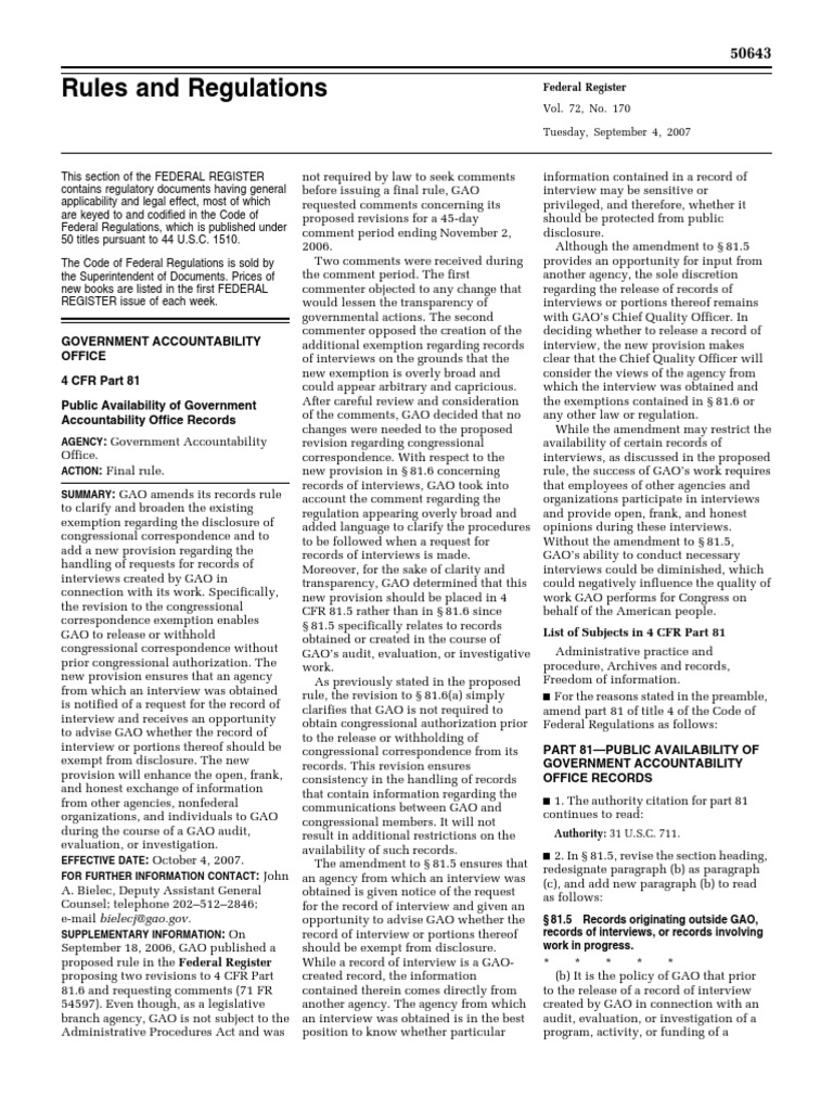 Rule Public Availability of Records Congressional Correspondence