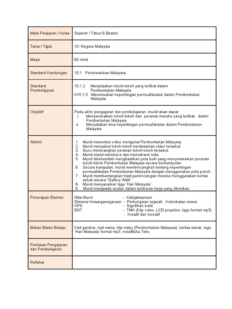 Contoh Pelajaran Harian Sejarah Tahun 6