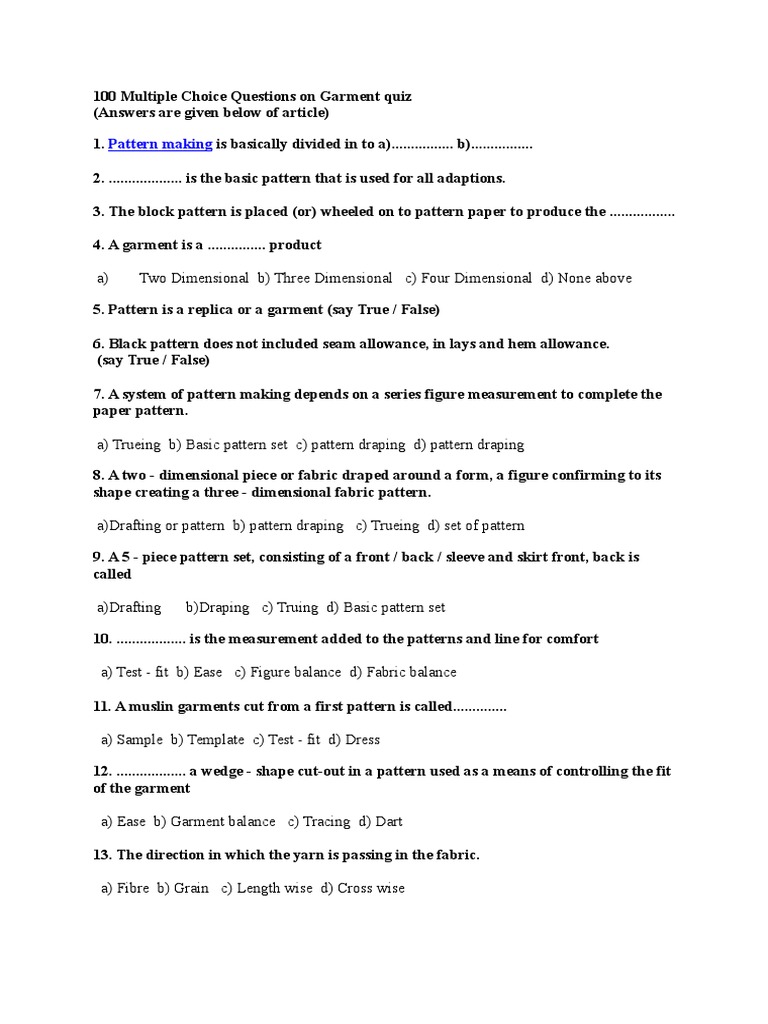 Textile Garment Quiz | PDF | Yarn | Fibers