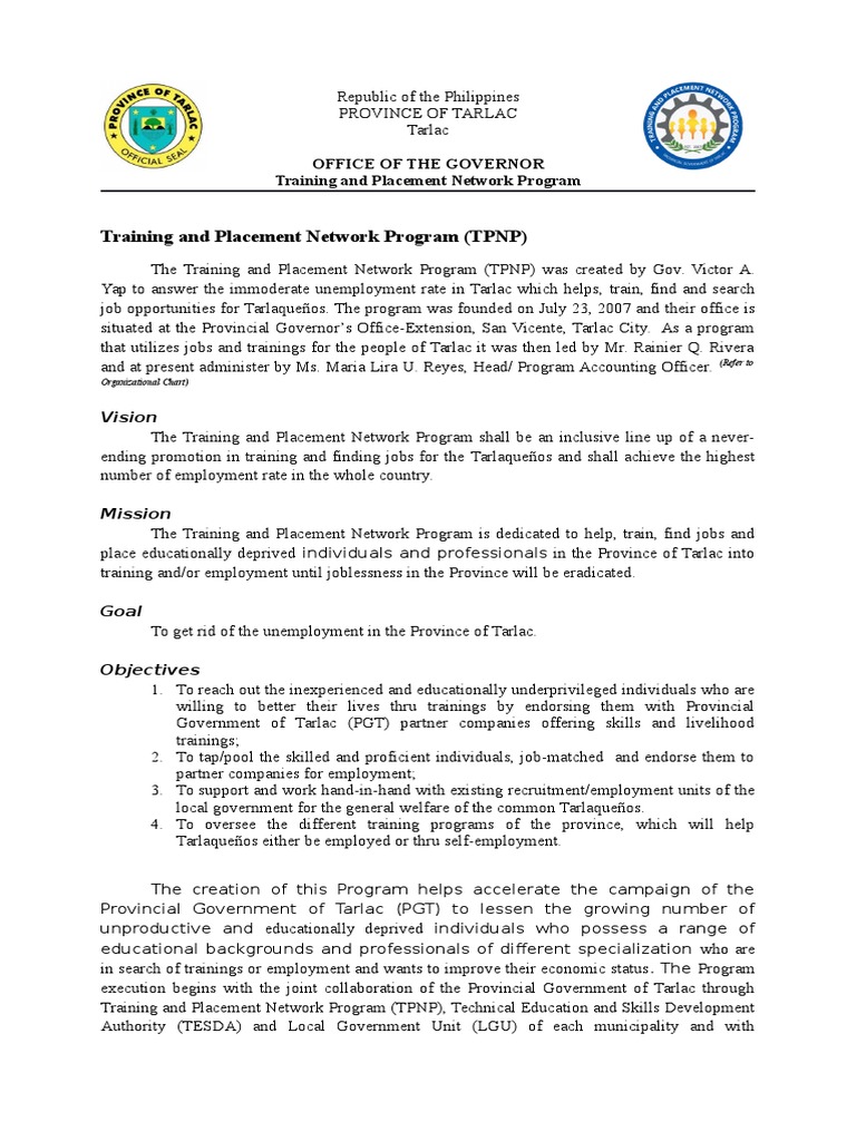 Tarlac Training and Placement Program | PDF | Vocational Education ...