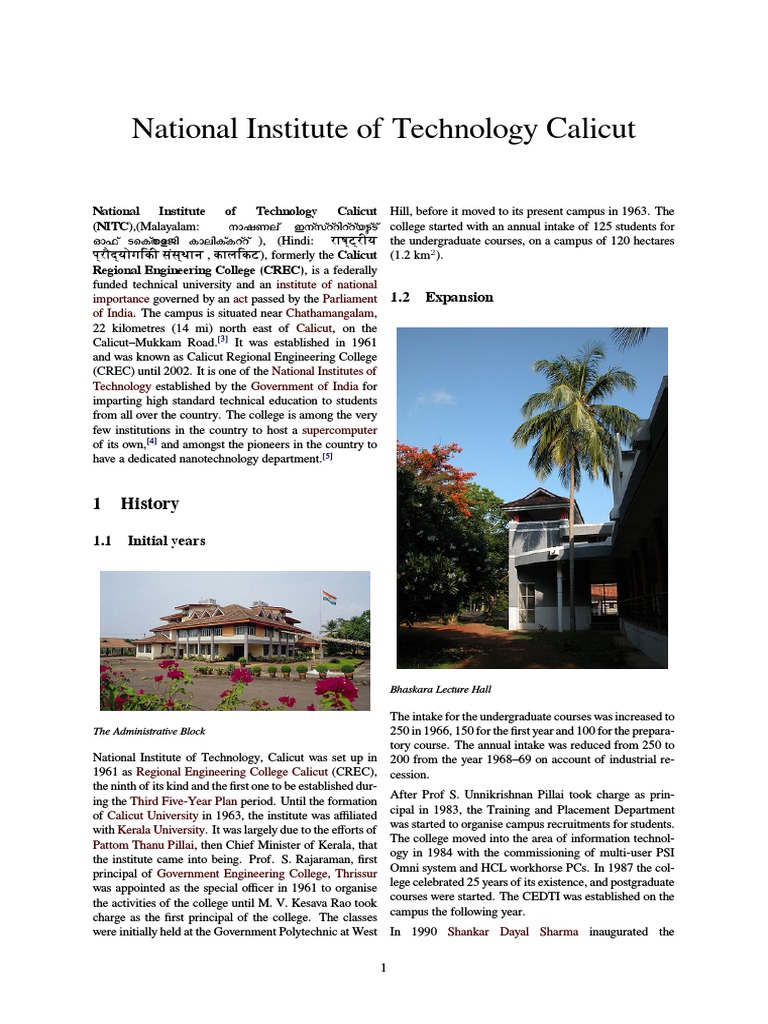 Overview of NIT Calicut History and Programs | PDF | Academia | Science ...
