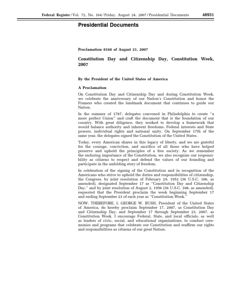 Constitution Day Proclamation 2007 | PDF | United States Constitution ...