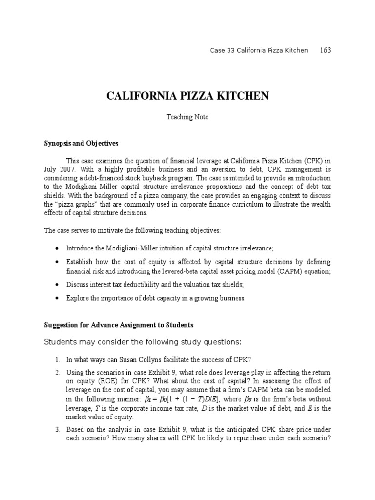 TN33 California Pizza Kitchen PDF Capital Structure Cost Of Capital