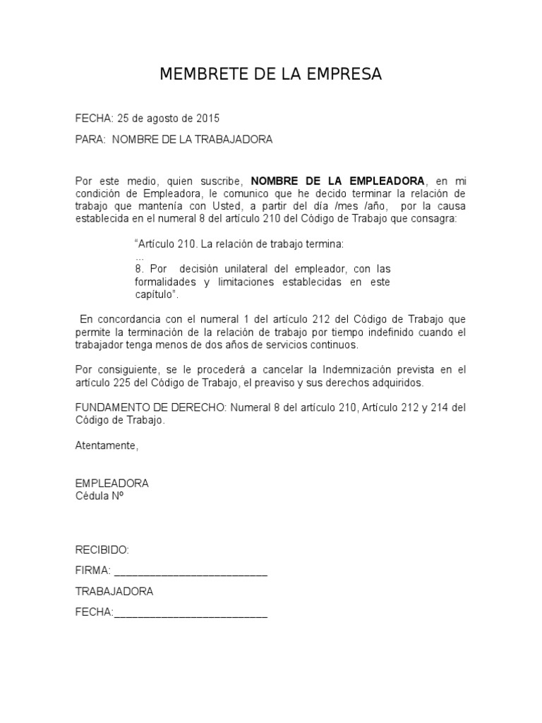 Modelo de Carta de Terminación de La Relación de Trabajo Por Decisión