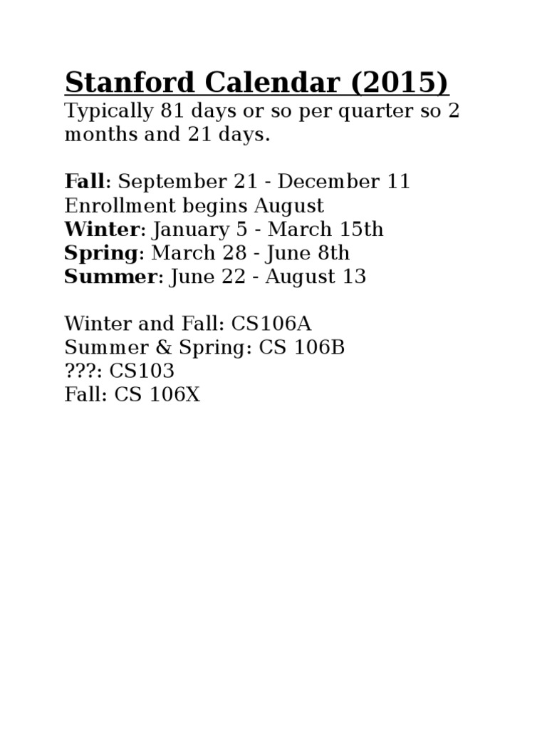 Stanford Calendar (2015) Typically 81 Days or So Per Quarter So 2