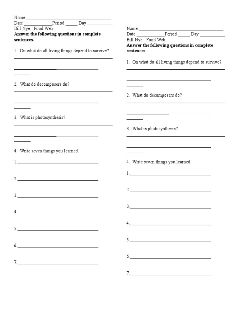 Bill Nye Food Web For Bill Nye Food Web Worksheet
