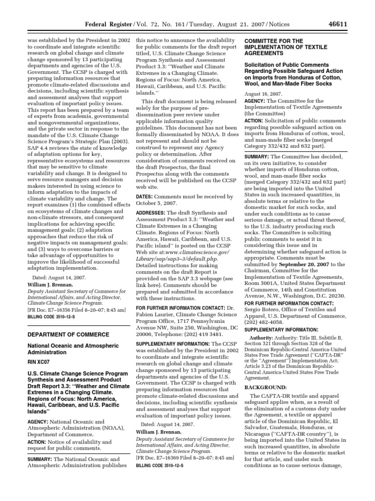 Notice Textile and Apparel Categories Cotton, Wool, and ManMade