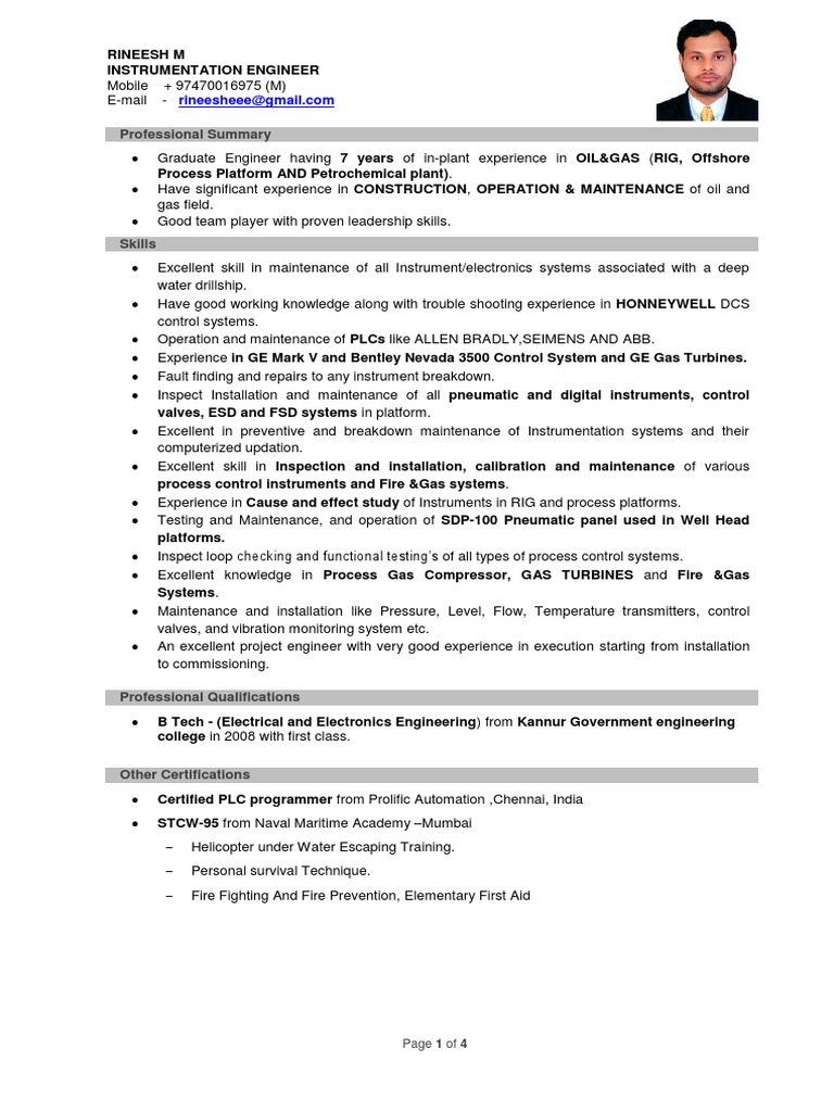 Instrumentation Engineer CV for Oil & Gas | PDF | Instrumentation ...