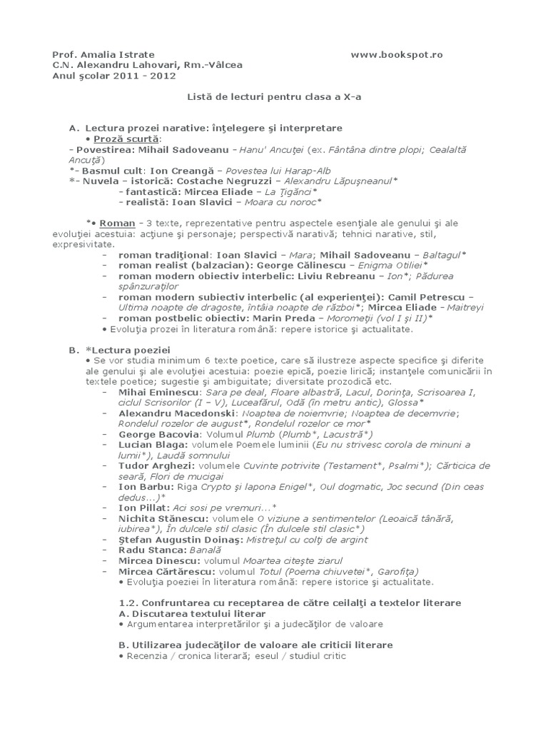 Model Fisa De Lectura Liceu Fisa de Lectura Clasa A X-A | PDF