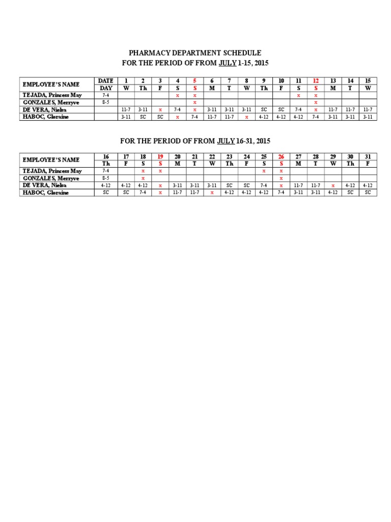 Pharmacy Department Schedule July 2015 | PDF