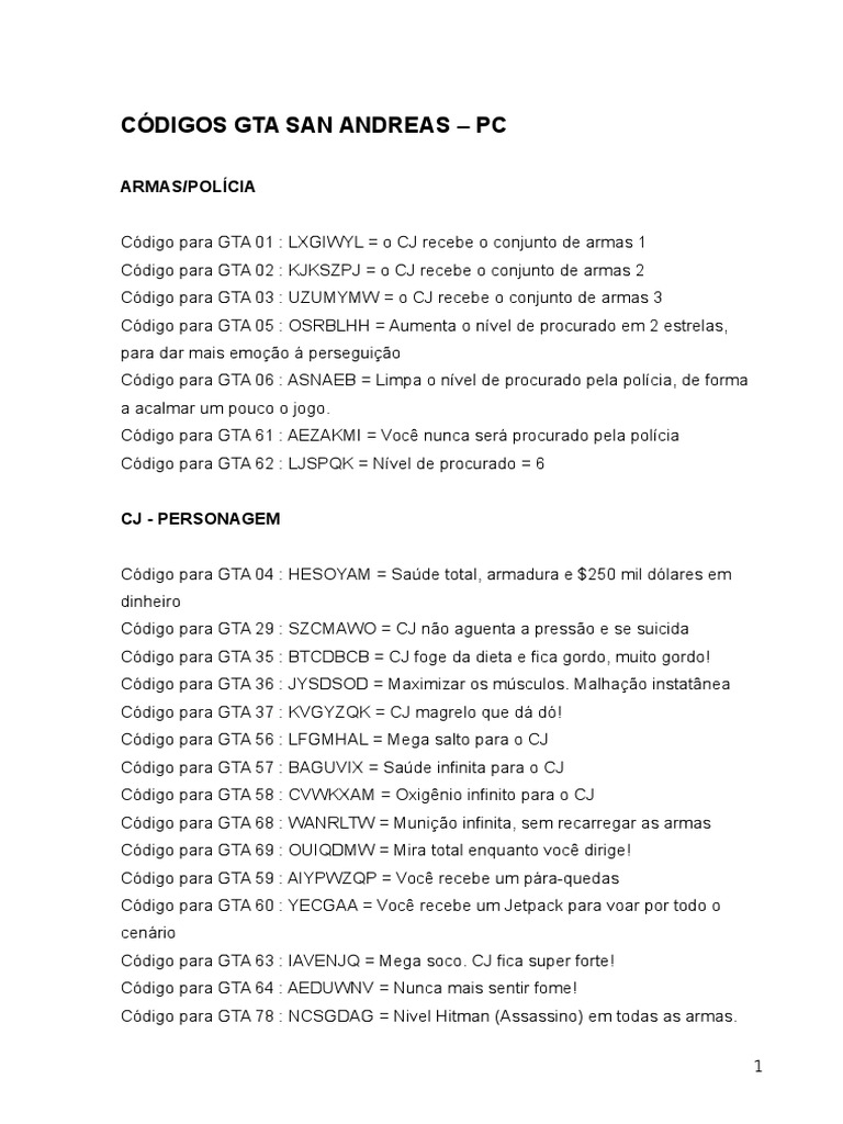 Códigos de GTA San Andreas para PC | PDF | Veículos | Indústrias