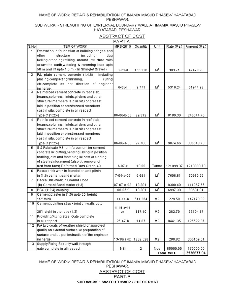 Imamia Masjid Rehabilitation Costs Peshawar | PDF | Reinforced Concrete ...