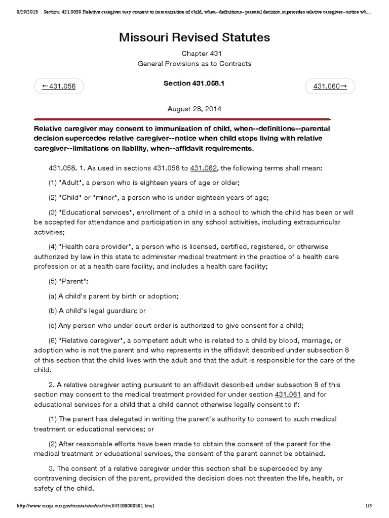 Missouri Revised Statutes 431.058.1 Caregiver Parent