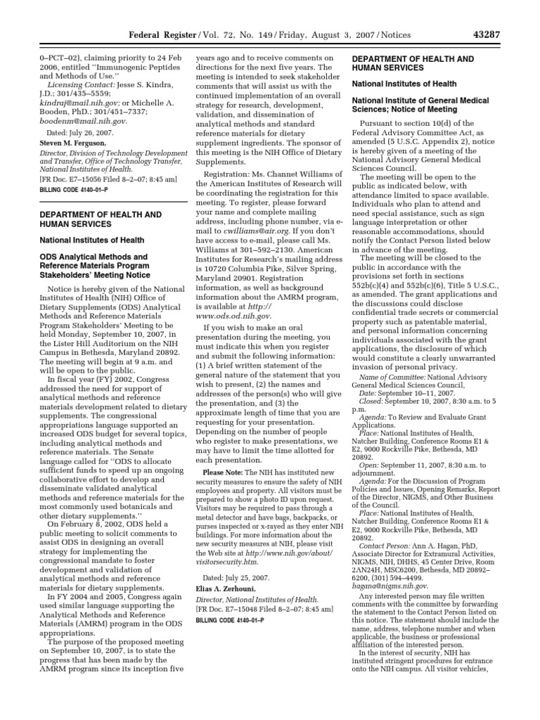 Notice Meetings Dietary Supplements Office— Analytical Methods and