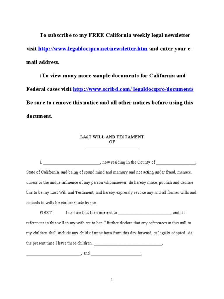 Sample Last Will and Testament For California | PDF | Will And Testament |  Probate