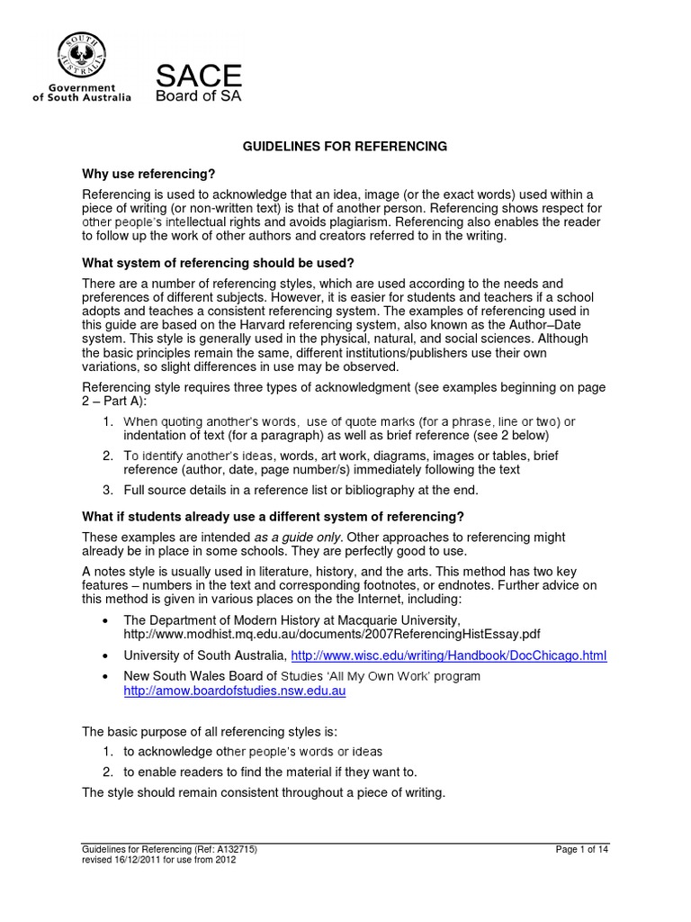 Guidelines For Referencing - SACE | PDF | Citation | Publishing