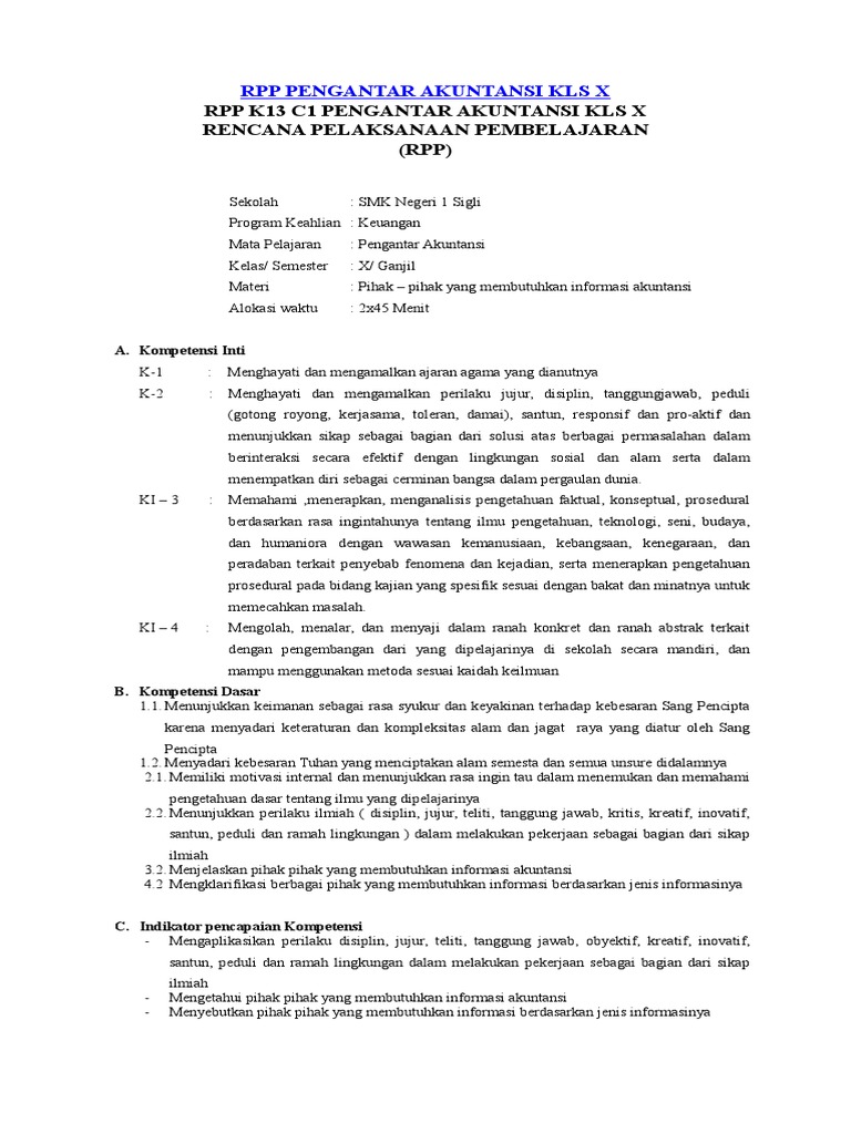 Rpp Pengantar Akuntansi Kls X