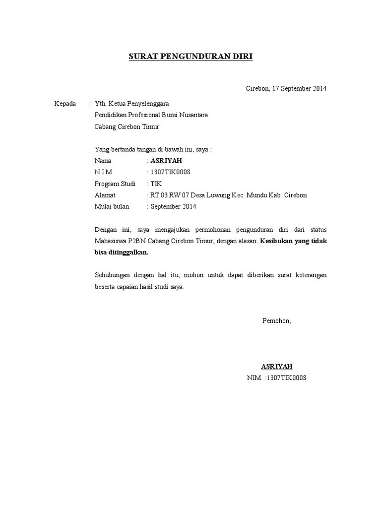 Surat Pengunduran Diri Maba