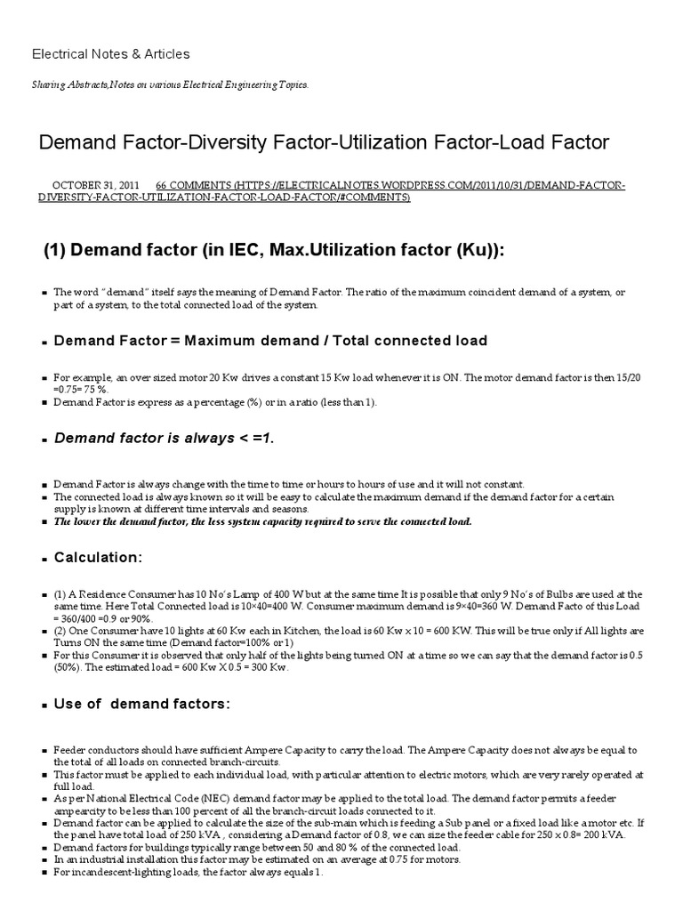 Electrical Demand Factor, Diversity Factor, Utilization Factor and Load