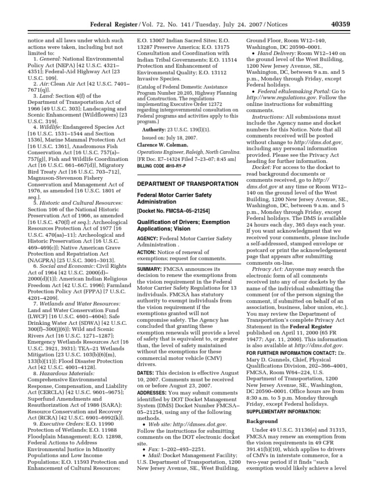 Notice Motor Carrier Safety Standards Driver Qualifications Vision