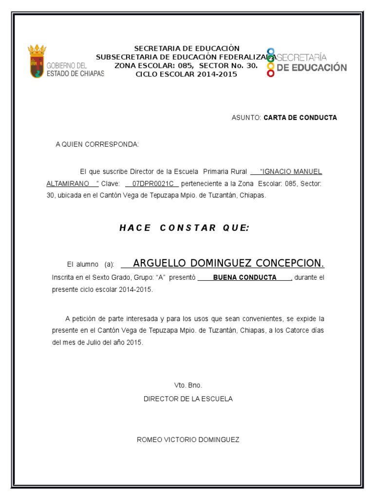 Carta de Conducta  ROMEO  PDF  Educación avanzada