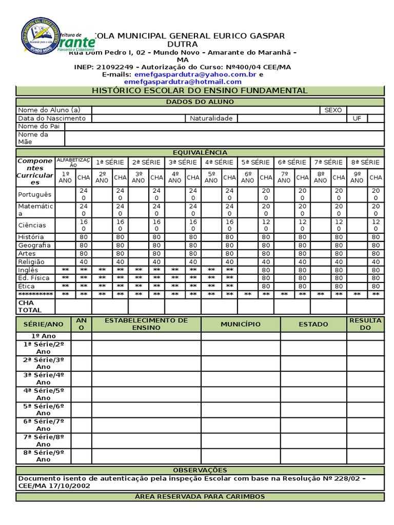 Histórico Escolar Escolas Ensinando e Aprendendo