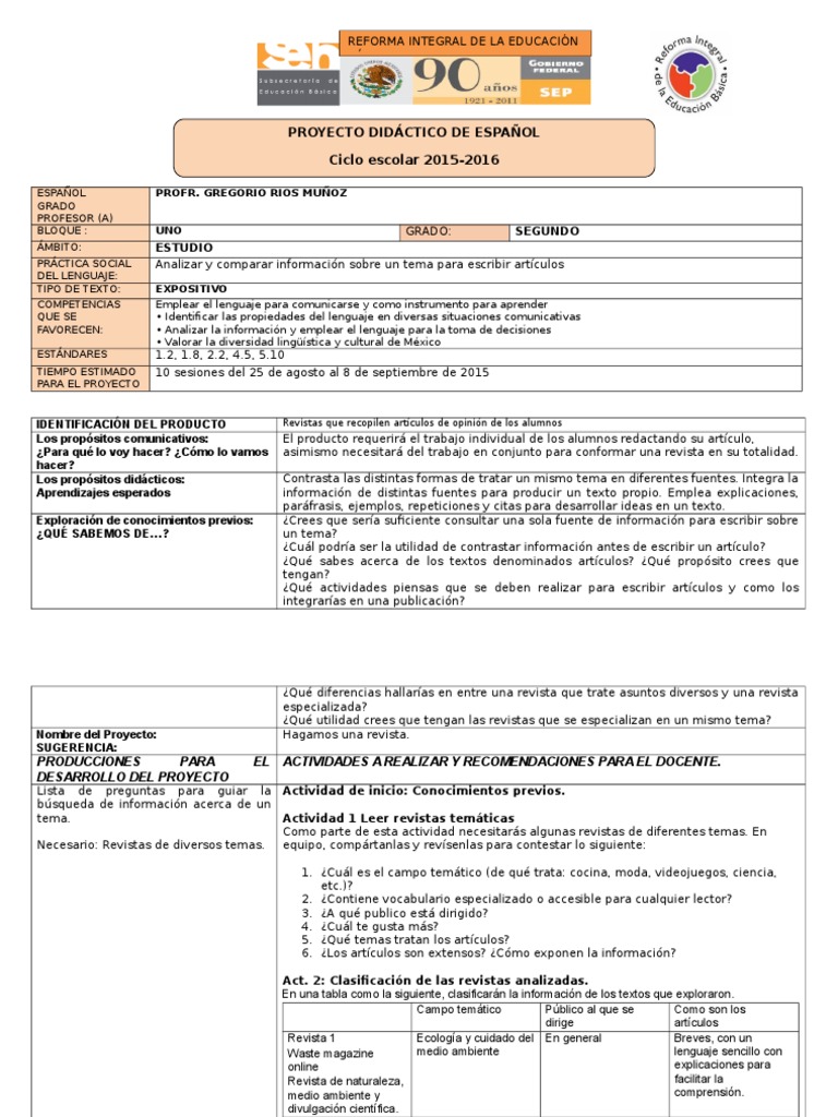 Planeacion Español Segundo Grado Secundaria Bloque I