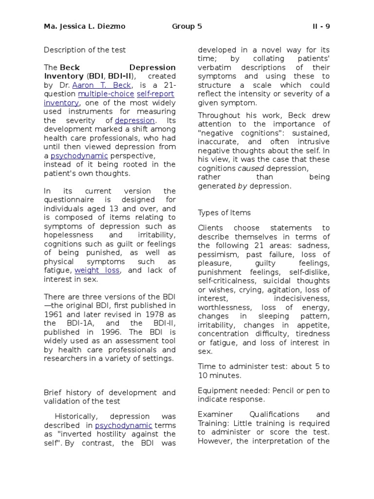 Interpretation of BDI Medical Diagnosis Psychopathology