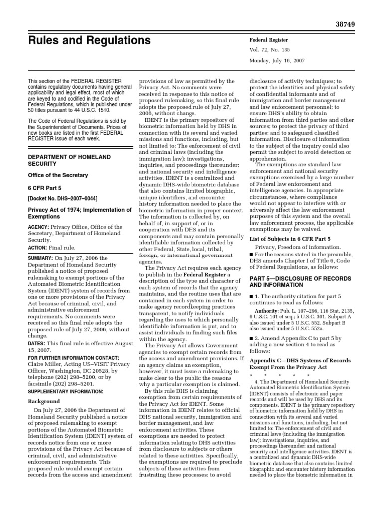 DHS Privacy Act Exemptions for IDENT | PDF | United States Department ...