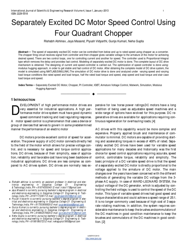 Separately Excited DC Motor Speed Control Using Four Quadrant Chopper ...