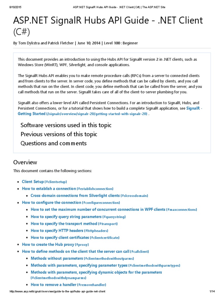 Signalr Hubs API Guide Client (C) The ASP PDF Windows