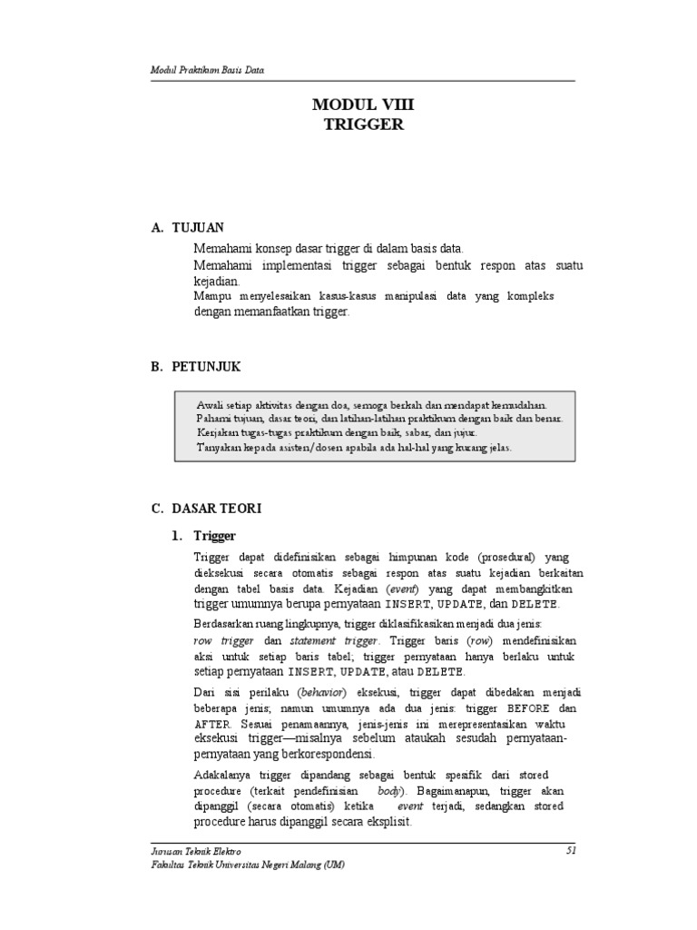 Panduan Trigger MySQL dalam Basis Data | PDF | Metode & Bahan Ajar