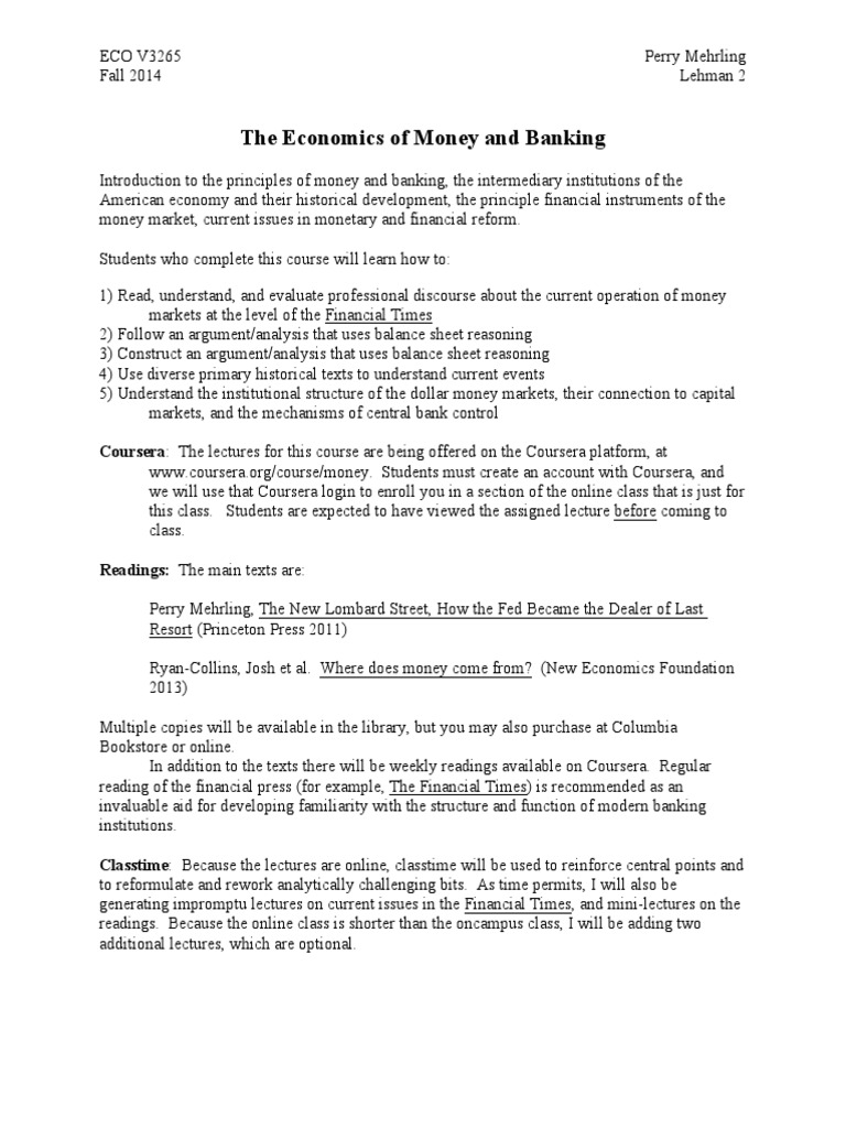 Money and Banking Syllabus Money Macroeconomics