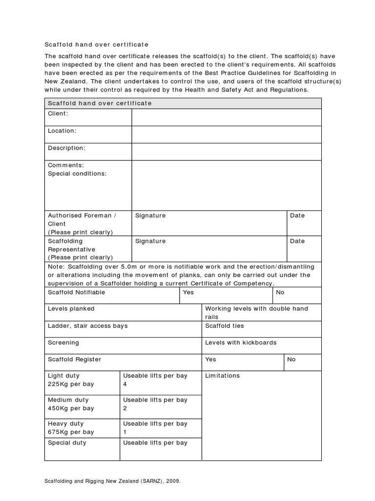 Scaffold Handover Certificate  PDF  Scaffolding  Business