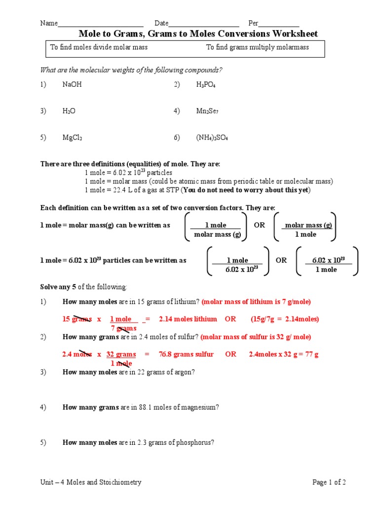 Moles Molecules And Grams Worksheet Answers With Work Worksheet List