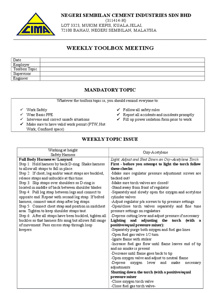 Toolbox Meeting  PDF  Equipment  Mechanical Engineering In Toolbox Meeting Template Doc