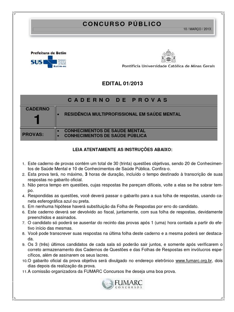 Caderno de Provas Residência Multiprofissional PDF PDF Psiquiatria