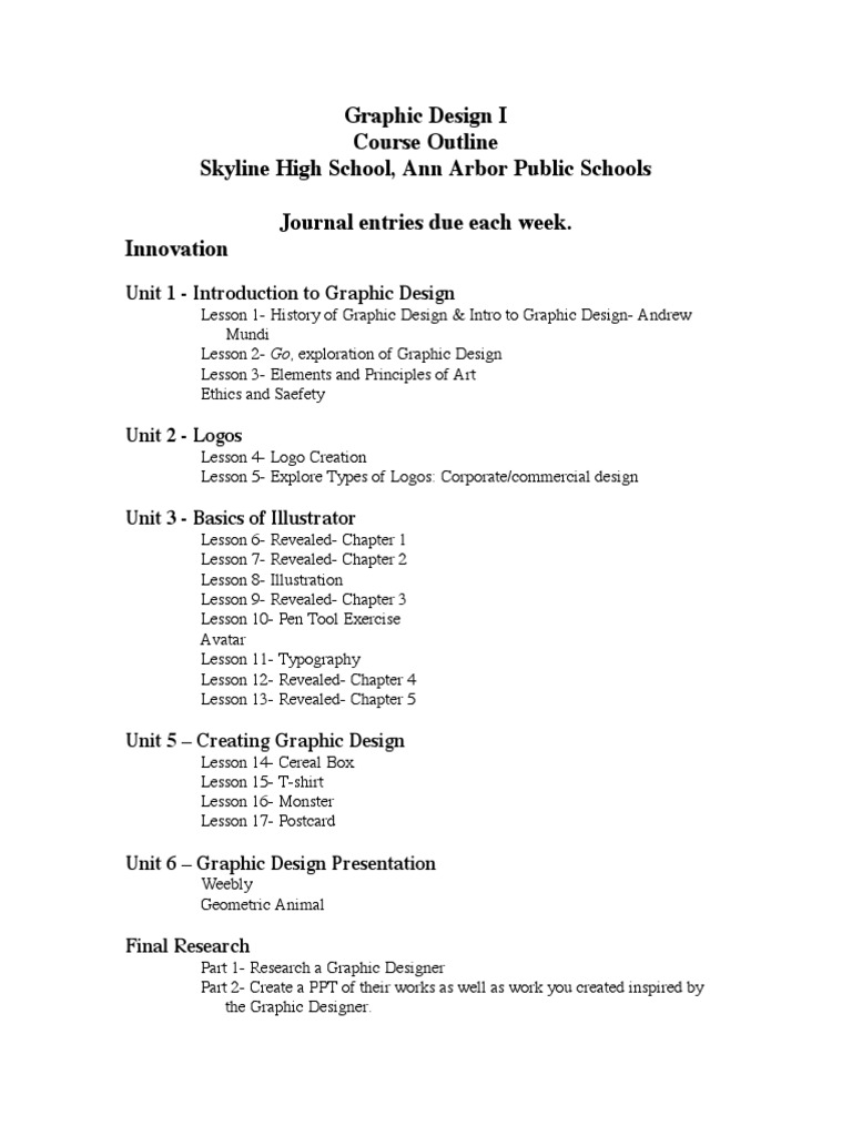 Graphic Design I Course Outline Revised Pdf