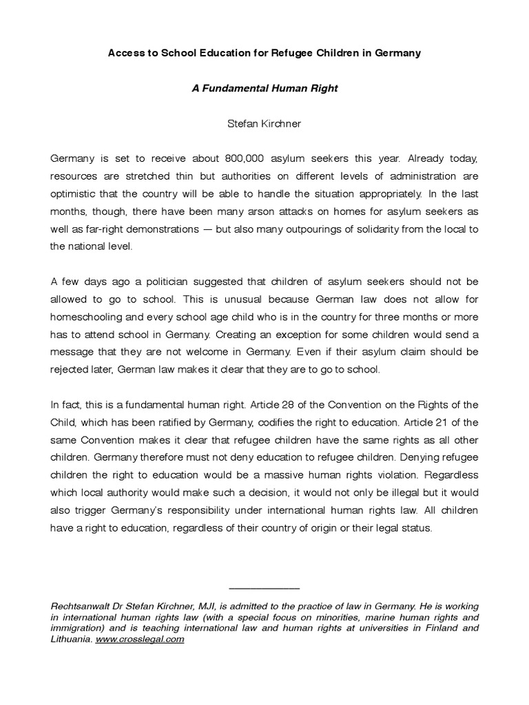 Access To School Education For Refugee Children in Germany - A ...