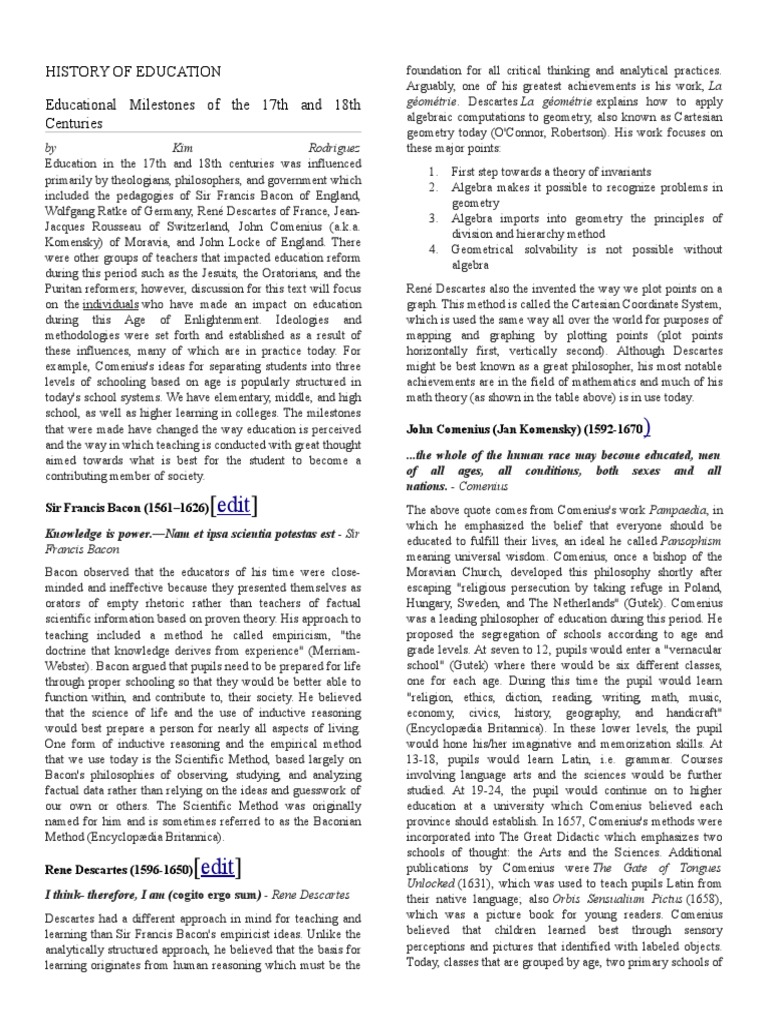 History of Education Educational Milestones of The 17th and 18th