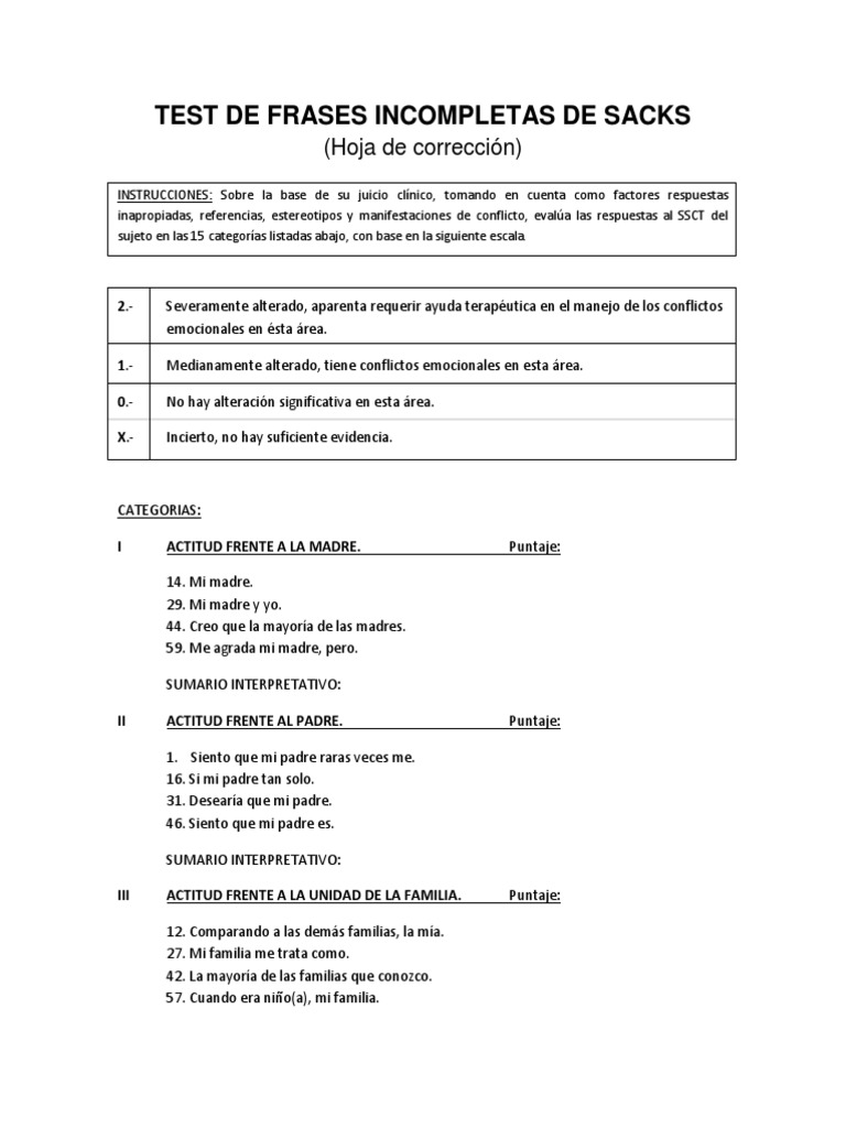 TEST DE FRASES INCOMPLETAS DE SACKS (ADULTOS 14+) - Hoja de Corrección PDF  | PDF