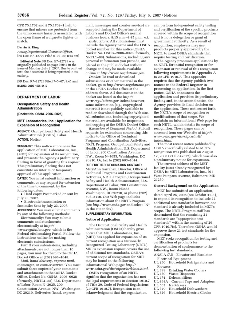 Notice Nationally Recognized Testing Laboratories, Etc. MET