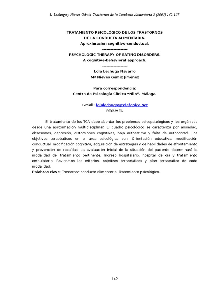 Terapia Cognitivo Conductual Trastornos Alimentarios Pdf Desorden
