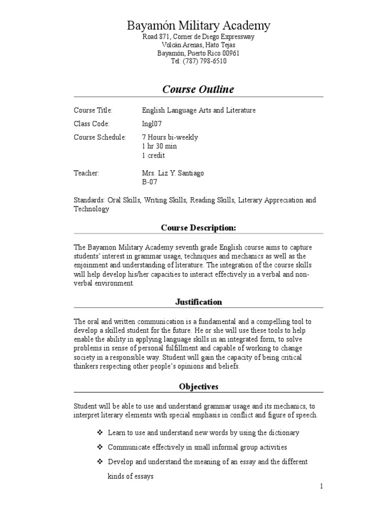 7th Grade English Course Syllabus | PDF | Verb | Subject (Grammar)
